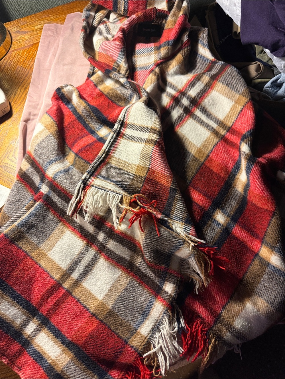 Takara Girls Plaid Hooded Poncho in Red, Brown, Navy